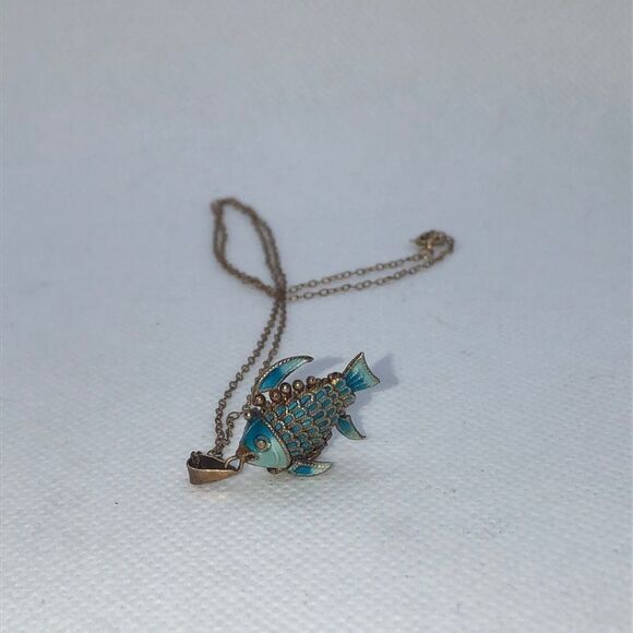 Jewelry - 💛 Antique 14k Gold Filled Blue Fish Necklace